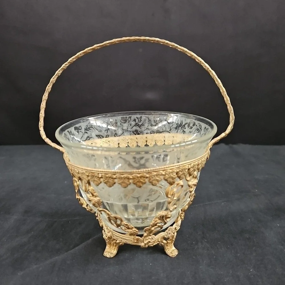 Vintage Gold‎ Plated Basket Holder and Decorative Glass Bowl 4 3/4